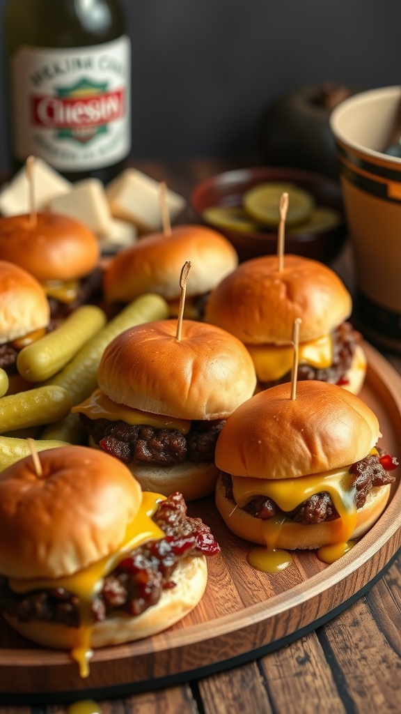 A plate of beef and cheese sliders with pickles and a drink.