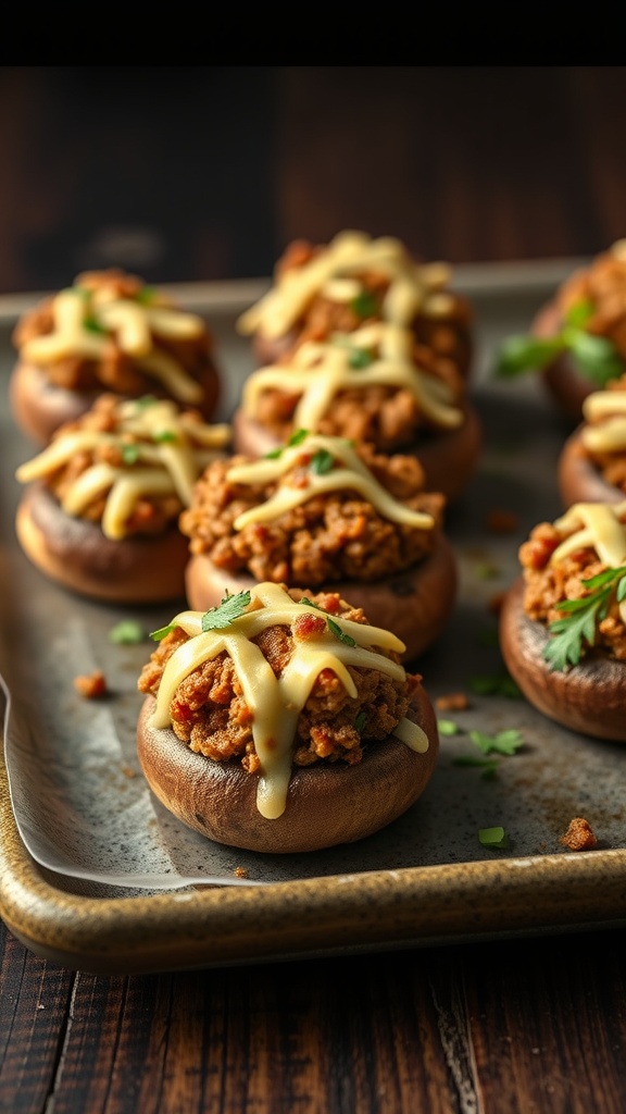 A plate of beef and cheese stuffed mushrooms with melted cheese on top.