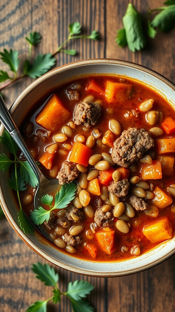 A bowl of beef and lentil stew with vegetables and herbs.