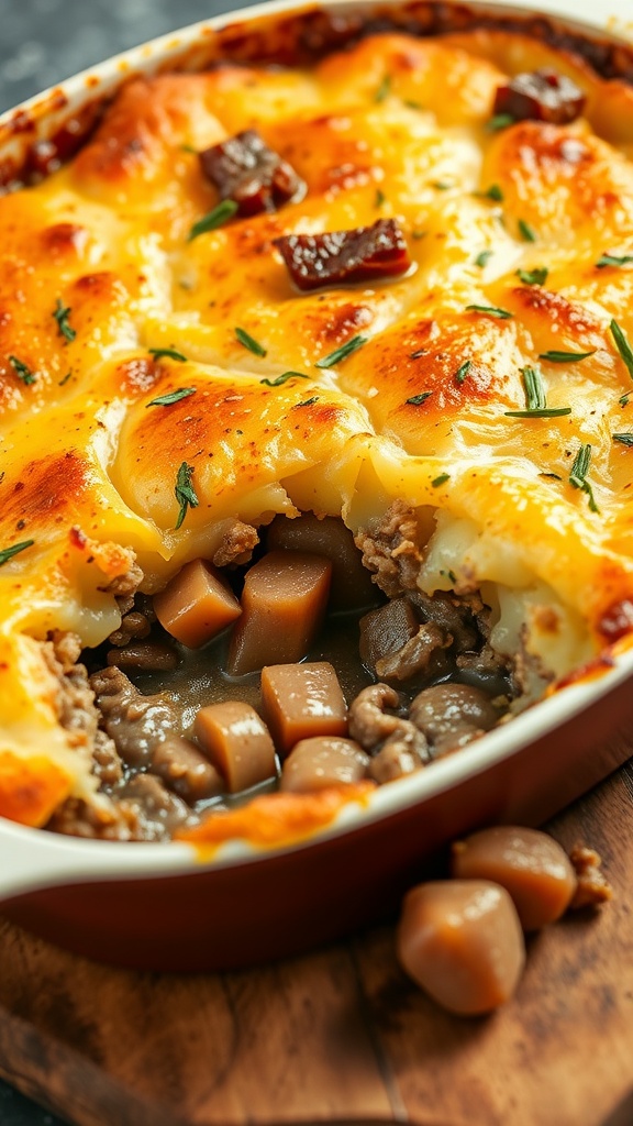 A delicious beef and potato casserole with golden cheese on top, showcasing ground beef and potatoes.