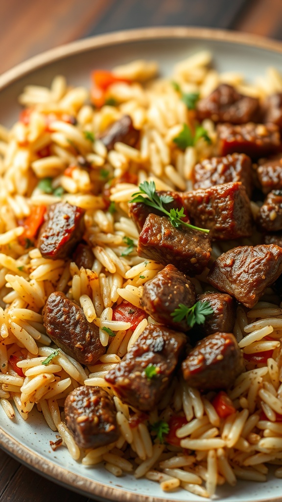 A plate of beef and rice pilaf with tender beef chunks and orzo.
