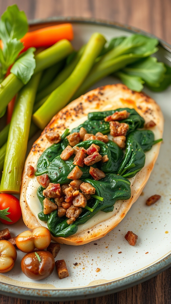 Beef and spinach stuffed chicken breast with vegetables on a plate