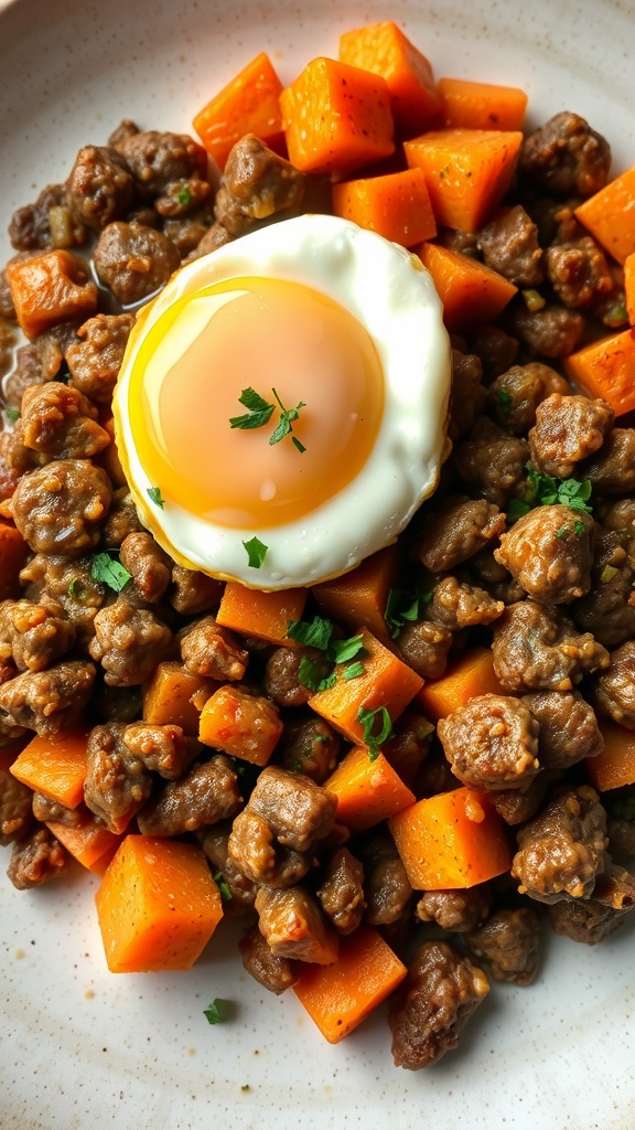 A delicious plate of beef and sweet potato hash topped with a fried egg.
