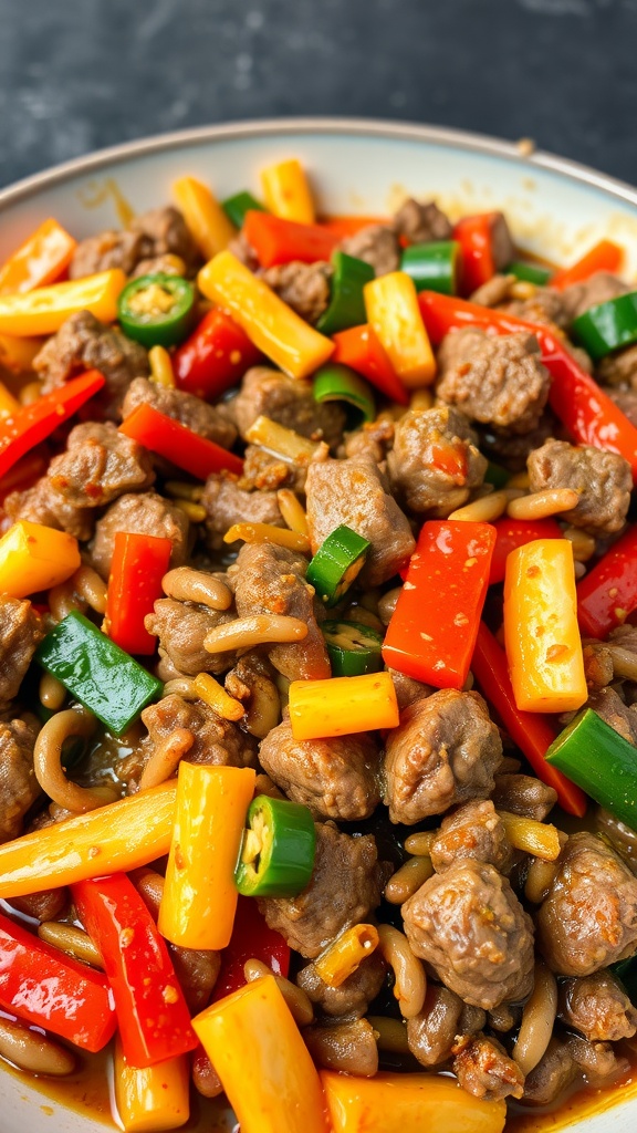 A colorful beef and vegetable stir-fry featuring ground beef, bell peppers, and noodles.