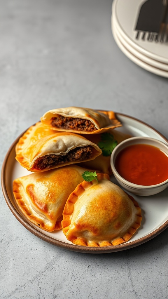 Plate of beef empanadas with dipping sauce