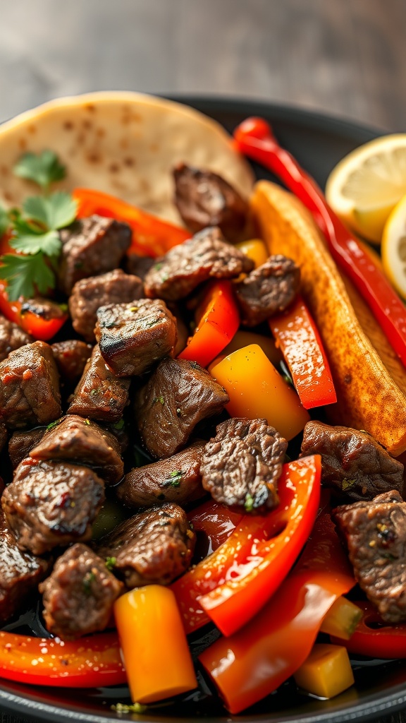 A plate of beef fajitas with peppers, served with tortillas and garnished with lemon.