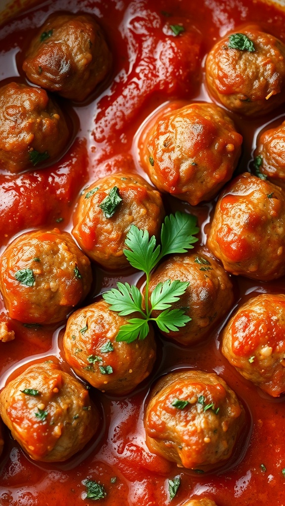 A close-up of beef meatballs in marinara sauce garnished with parsley.