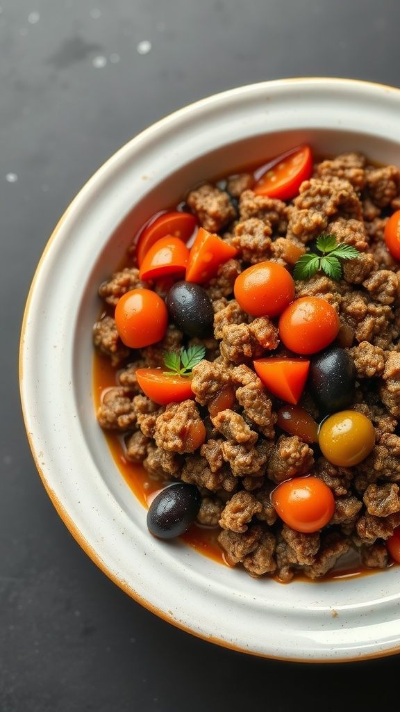 A bowl of ground beef picadillo with colorful toppings like olives and cherry tomatoes.