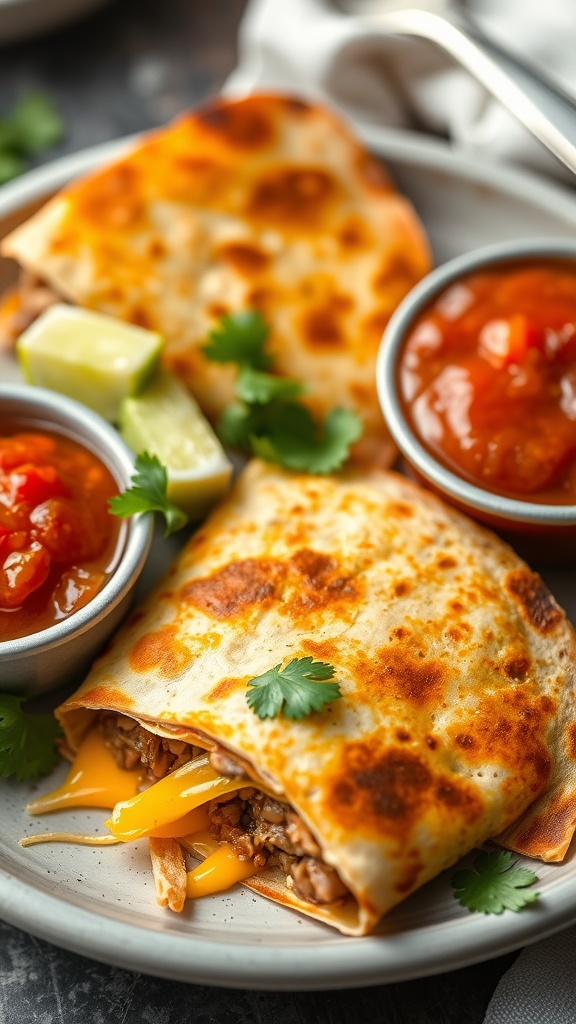 Delicious beef quesadillas served with salsa and lime wedges.
