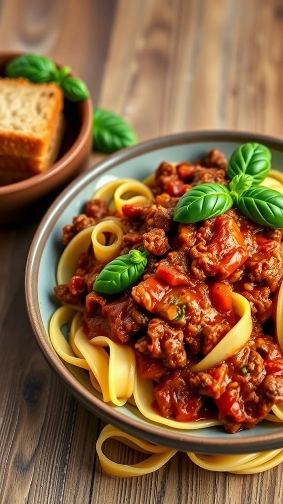 A bowl of pappardelle pasta topped with beef ragu and fresh basil leaves, served with a side of bread.