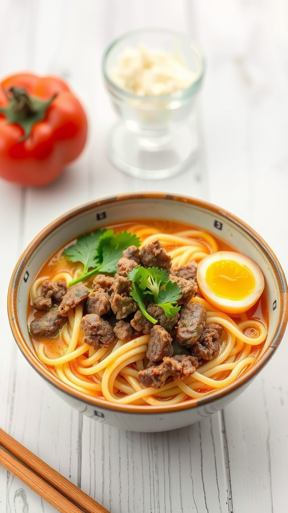 A bowl of beef ramen with noodles, ground beef, an egg, and fresh herbs.