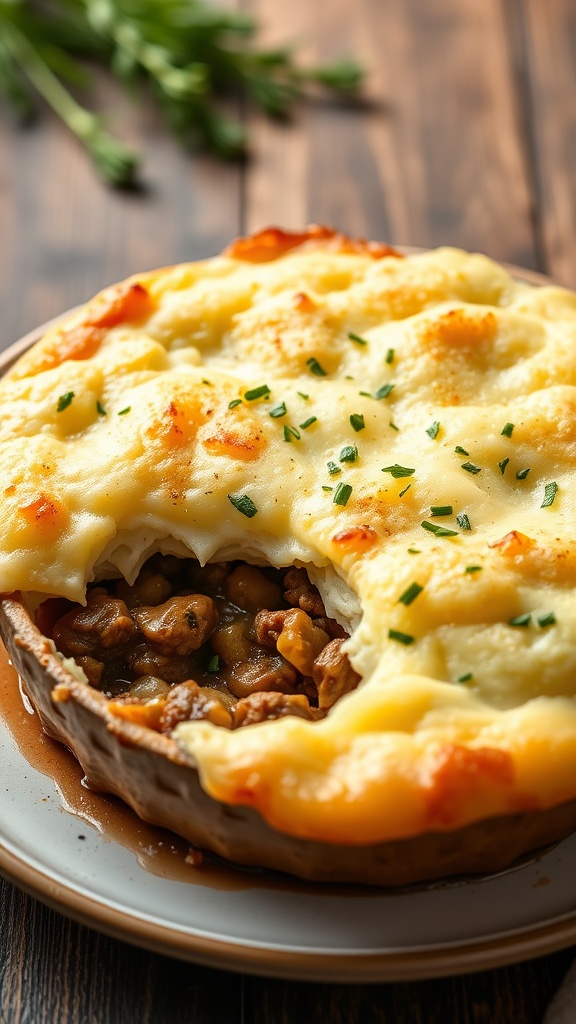 A delicious Beef Shepherd's Pie with golden mashed potatoes on top