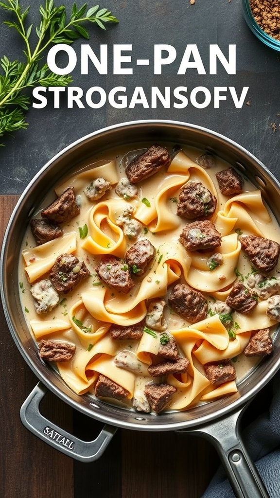 A one-pan beef stroganoff skillet with noodles and beef chunks in creamy sauce.