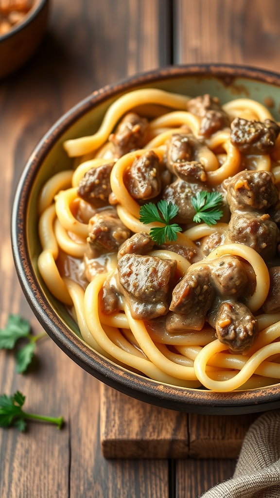Bowl of beef stroganoff with egg noodles on a wooden table