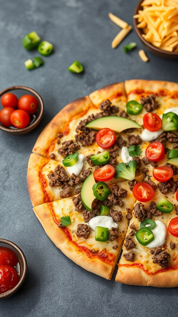 A delicious beef taco pizza topped with ground beef, tomatoes, jalapeños, and creamy sauce.