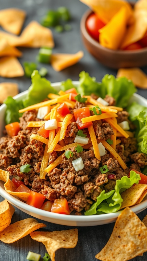 A delicious beef taco salad topped with cheese, tomatoes, and lettuce.