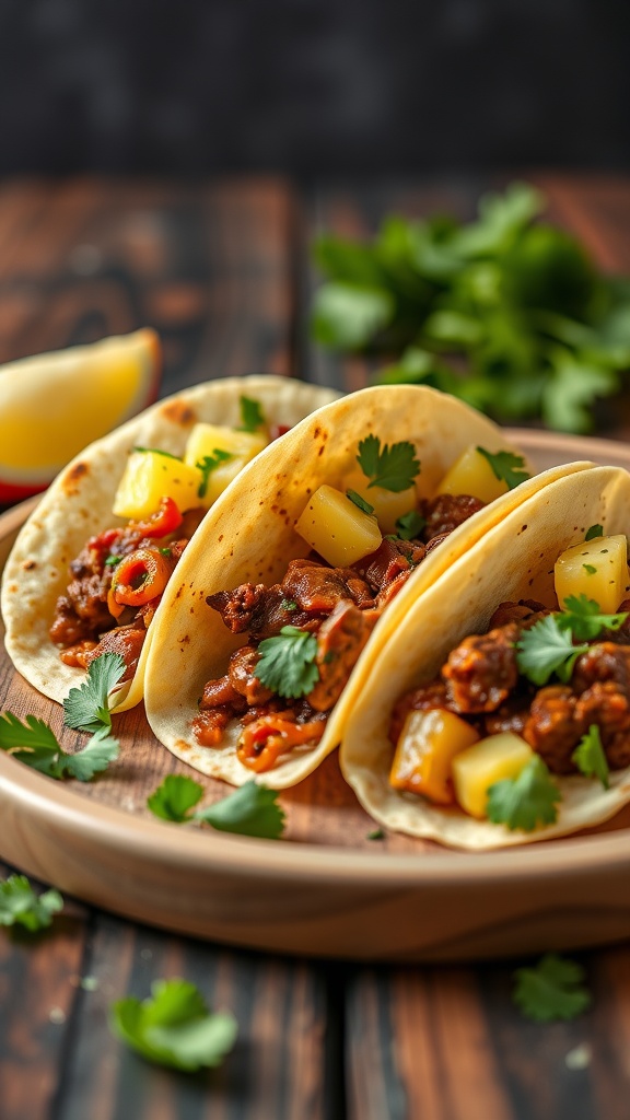 Three beef tacos al pastor with pineapple and cilantro on a wooden platter.