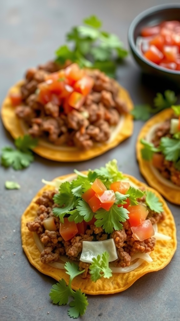 Delicious beef tostadas topped with tomatoes and cilantro on a rustic surface.