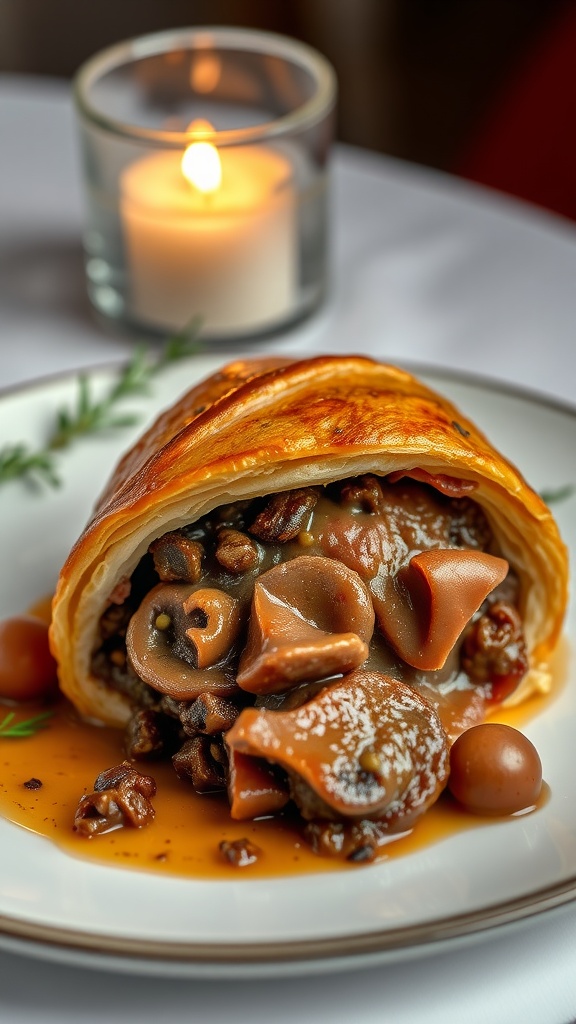 A slice of Beef Wellington with mushroom duxelles, served on a plate with a candle in the background.