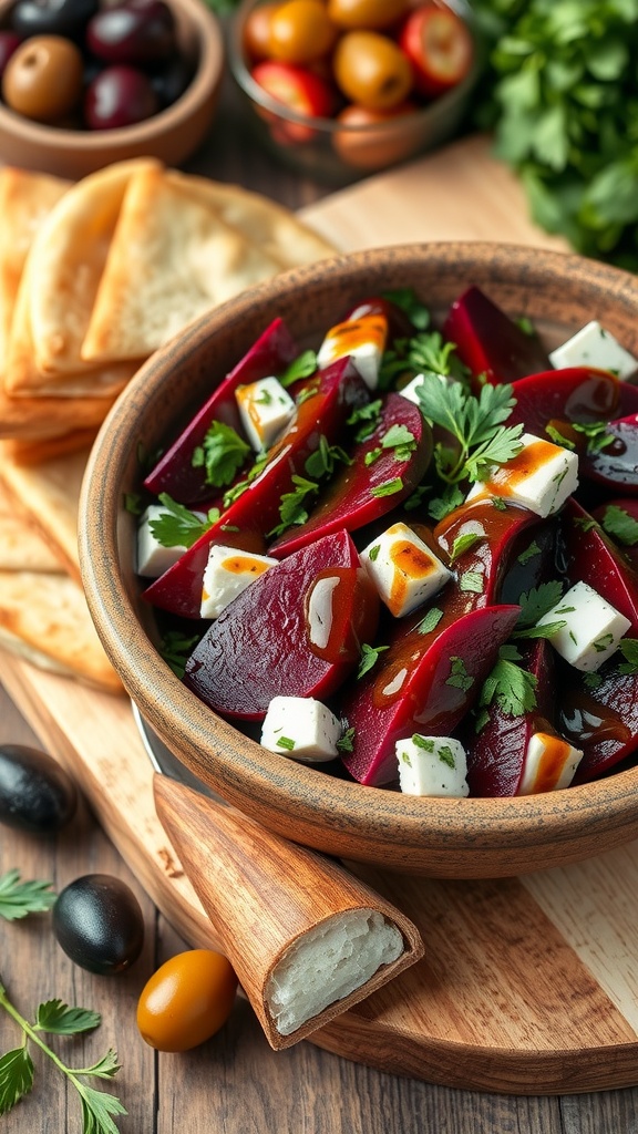 A bowl of Beetroot and Goat Cheese Salad topped with parsley, served with pita bread and olives.