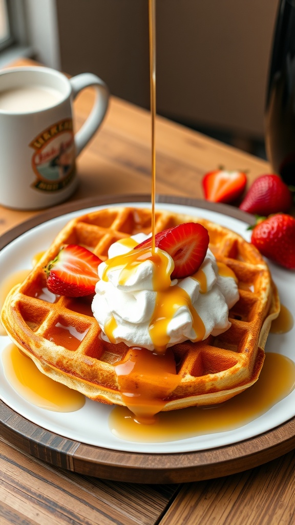 A delicious Belgian waffle topped with whipped cream and strawberries, drizzled with maple syrup.