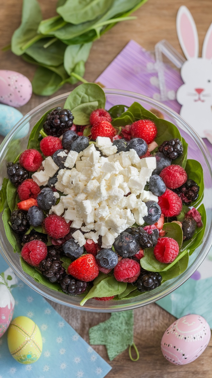 A bowl of berry and spinach salad with feta cheese, surrounded by Easter decorations.