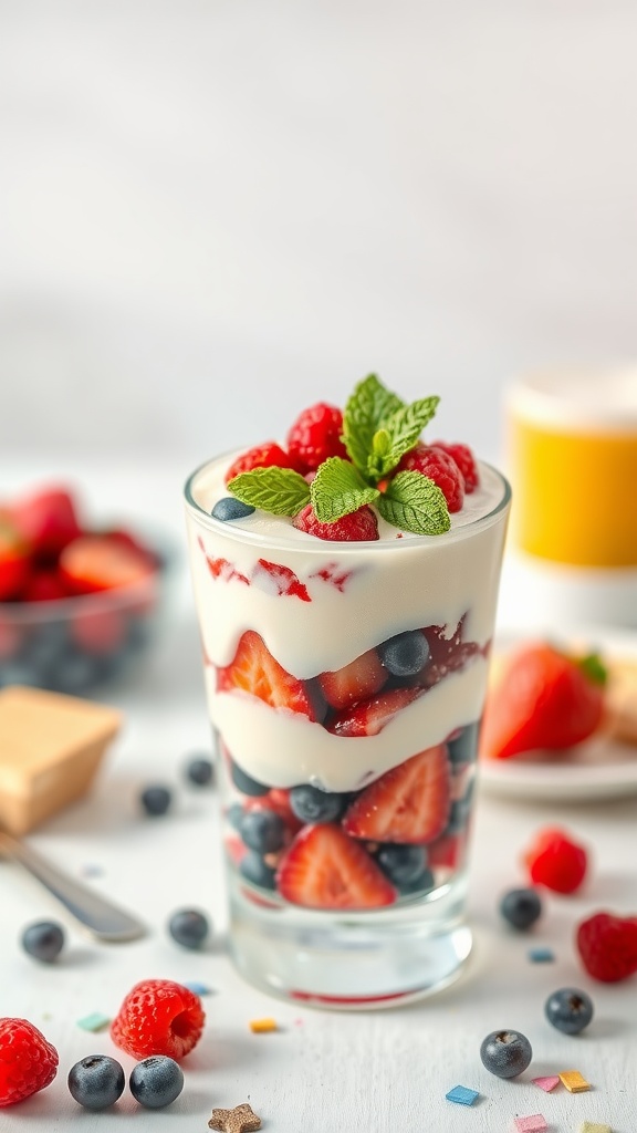 A layered berry and yogurt parfait in a glass, featuring strawberries, blueberries, and mint on top.