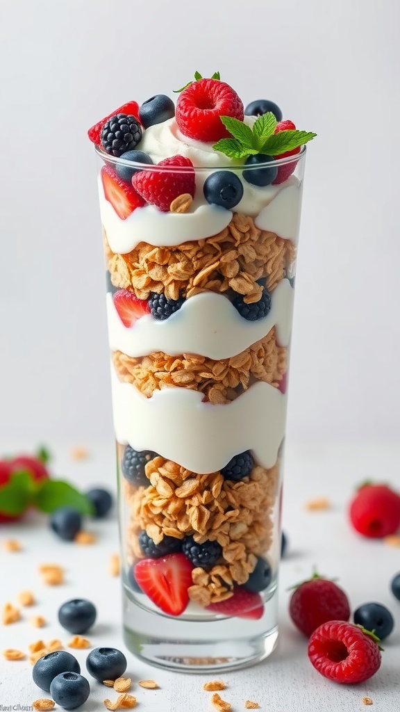 A tall glass filled with layers of yogurt, granola, and mixed berries, topped with fresh mint.