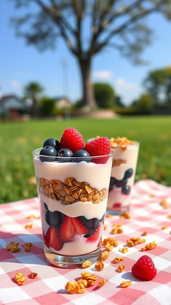 Delicious berry and yogurt parfaits in clear glasses on a picnic blanket