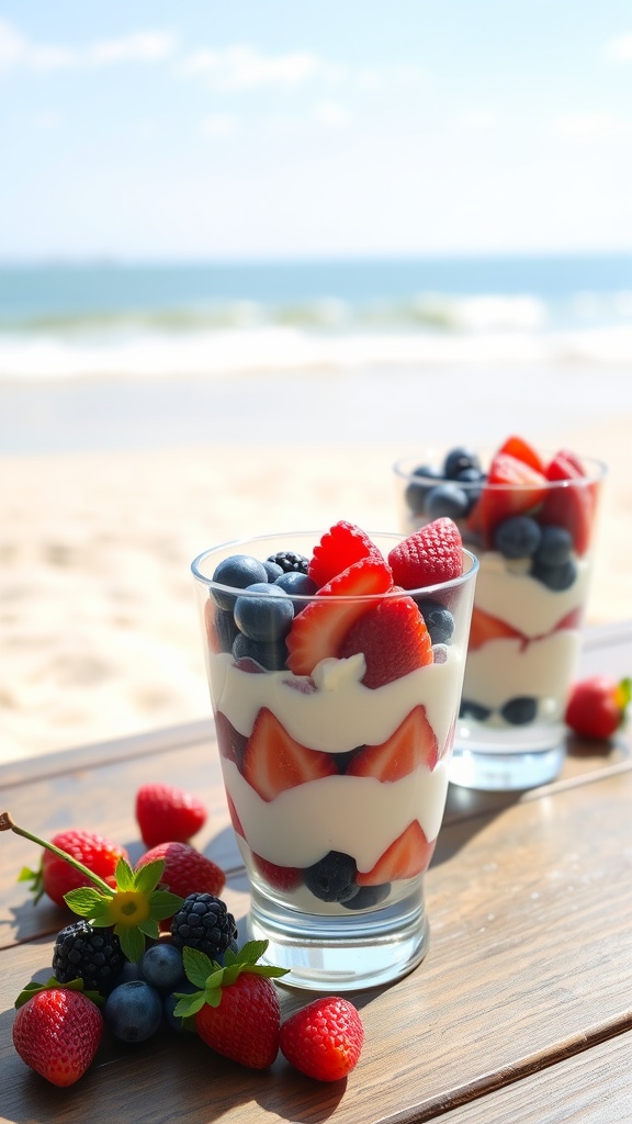 Two glasses of berry and yogurt parfaits on a wooden table by the beach