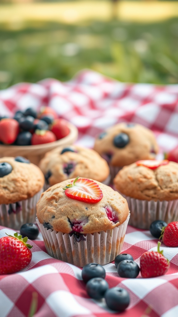 A close-up of Berry Burst Muffins featuring strawberries and blueberries on a picnic blanket.