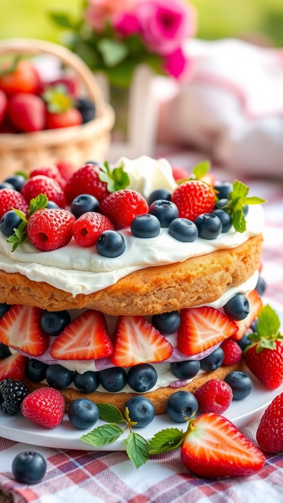 A vibrant Berry Medley Cake layered with strawberries, blueberries, and raspberries, garnished with mint leaves.