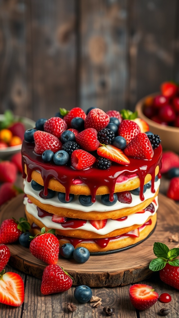 A visually appealing Berry Medley Cake layered with fresh strawberries, blueberries, and blackberries, dripping with berry sauce.