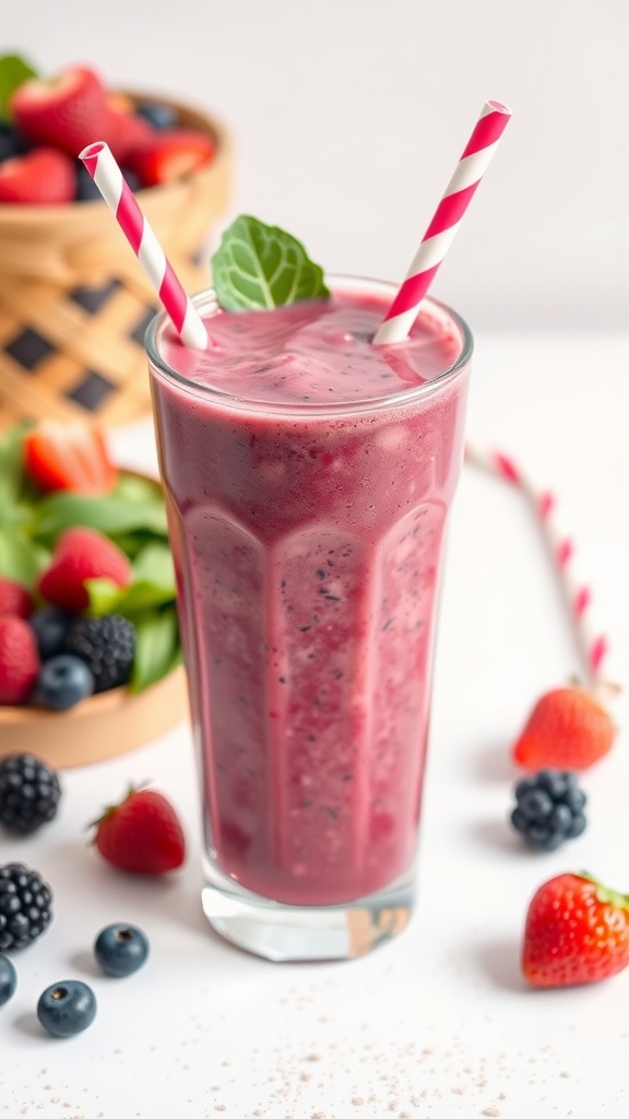 A colorful berry smoothie with spinach, served in a tall glass with striped straws, surrounded by fresh berries and spinach.