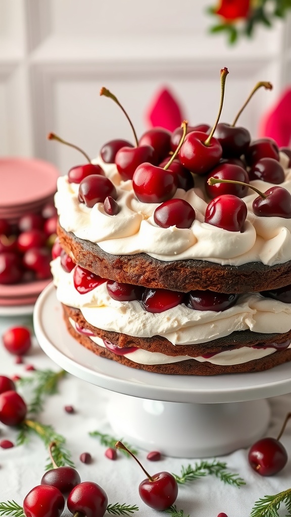 A layered Black Forest Cake topped with cherries and whipped cream.