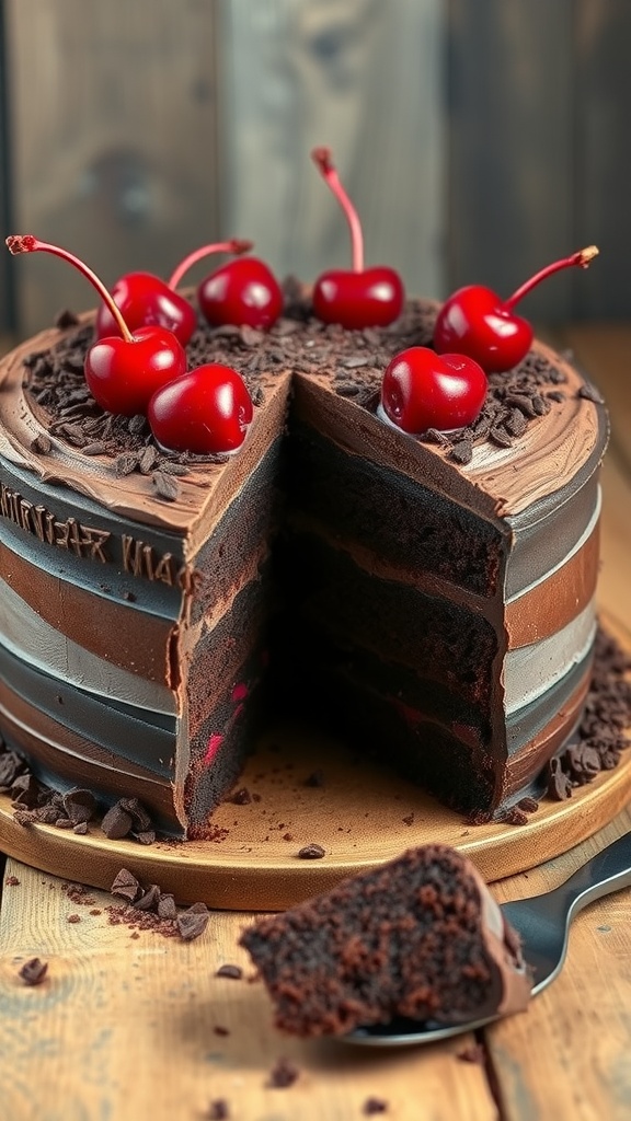 A beautifully decorated Black Forest chocolate cake with cherries on top and a slice cut out.