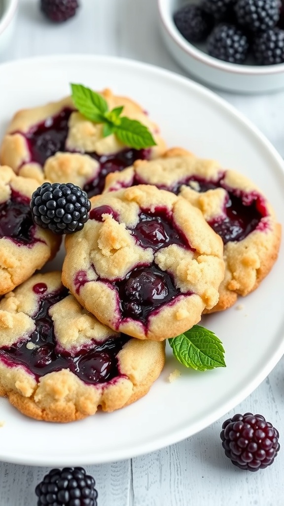 A close-up of blackberry cobbler cookies with fresh blackberries