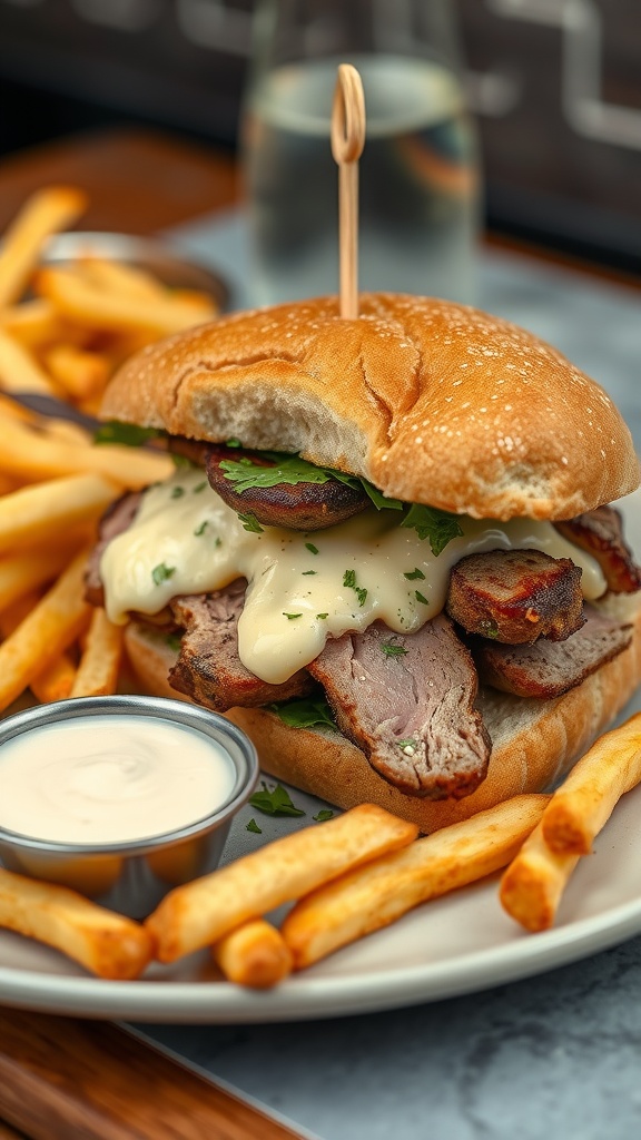 A delicious blackened tuna sandwich with remoulade, served with fries.