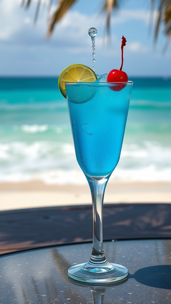 A refreshing Blue Lagoon Rum Cocktail with a slice of lemon and a cherry, set against a beach backdrop.