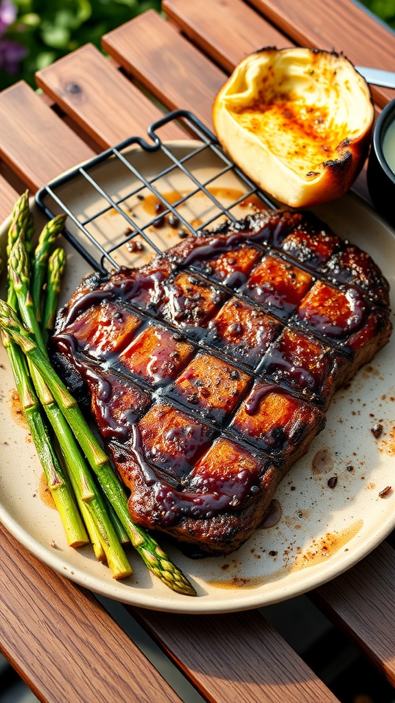 A grilled steak with bourbon glaze, served with asparagus and roasted pumpkin on a plate.