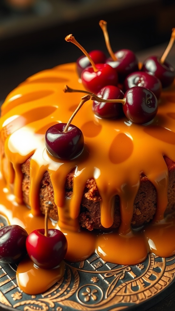 Bourbon Caramel Cake with cherries on top