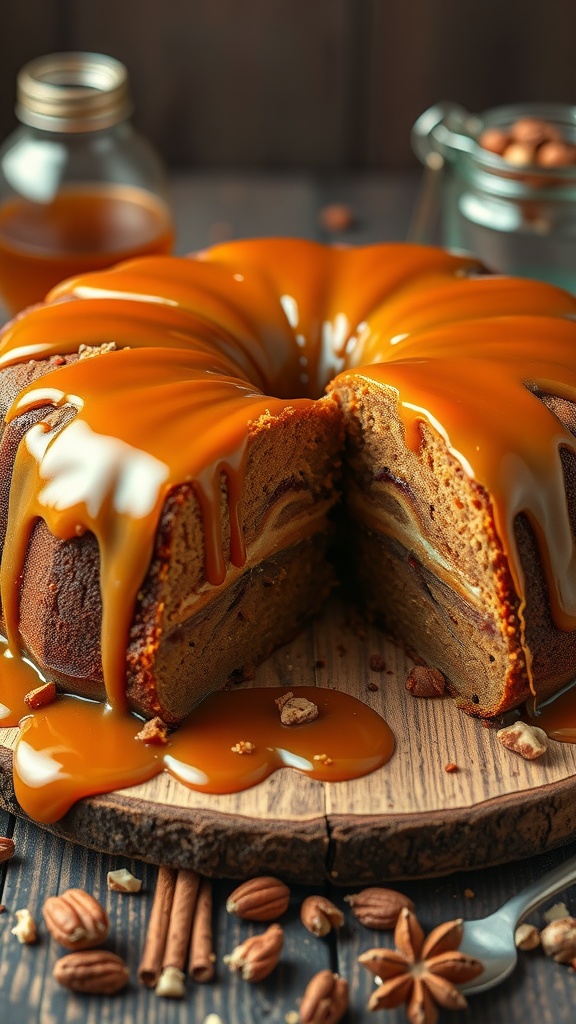 A delicious bourbon caramel cake drizzled with caramel sauce, displayed on a wooden platter with nuts and spices around it.