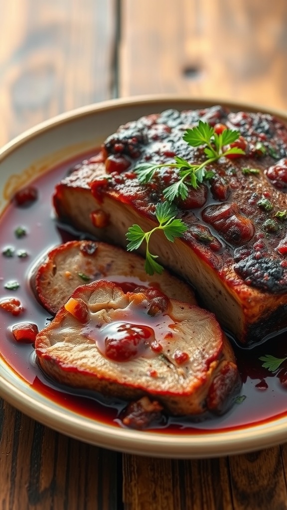 Succulent braised pork shoulder served in red wine sauce with herbs