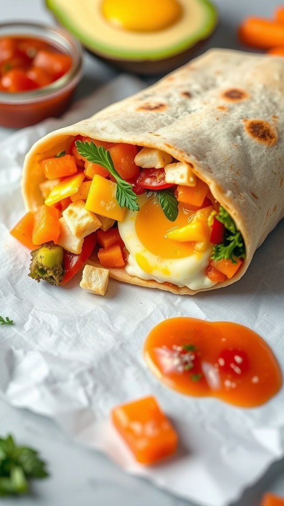 A breakfast burrito filled with colorful vegetables and a sunny-side-up egg, served with salsa.