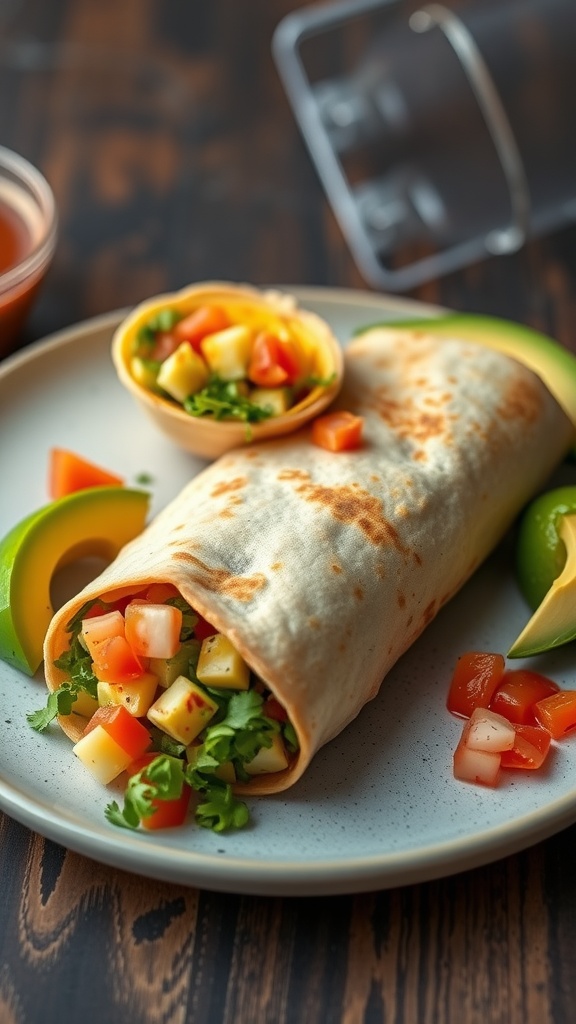 A delicious breakfast burrito filled with vegetables, alongside a bowl of salsa and avocado slices.