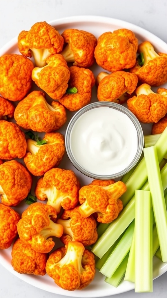 A plate of buffalo cauliflower bites, celery sticks, and a small bowl of dip.