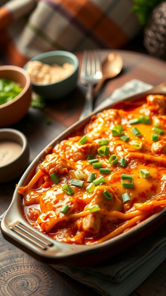 A delicious Buffalo Chicken Casserole with melted cheese and green onions on top, served in a baking dish