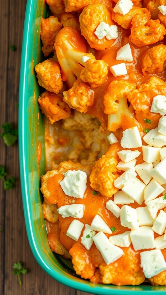 A colorful buffalo chicken casserole with cauliflower, topped with white cheese.