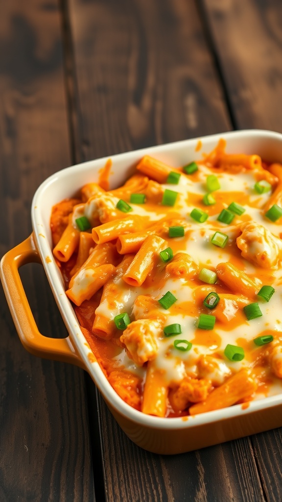 A creamy buffalo chicken pasta bake topped with green onions in a casserole dish