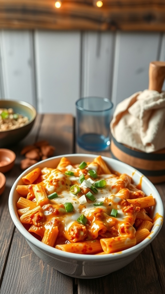 A bowl of Buffalo Chicken Pasta Bake with melted cheese and green onions on top.